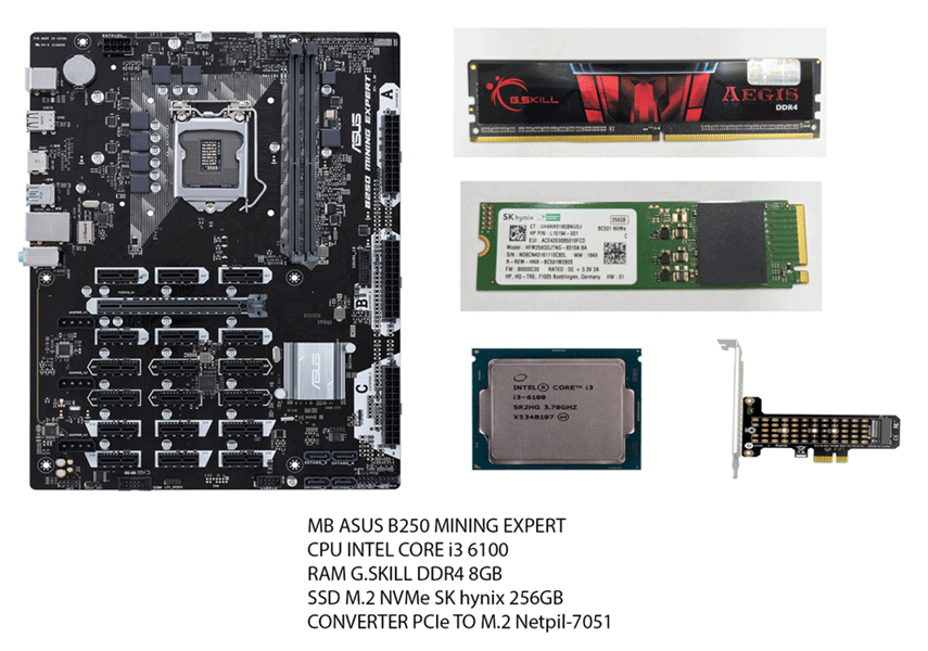 MB ASUS B250 MINING EXPERT/ CPU I3 6100/ RAM G.SKILL 8G DDR4/ M.2 SK HYNIX 256 GB 